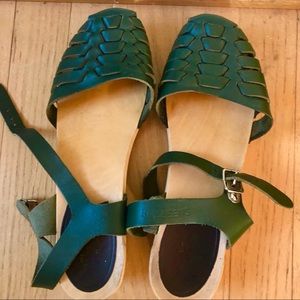 Swedish Hasbeens Snake Debutant Green Wooden Clog Sandals